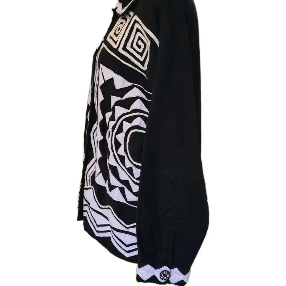 New Direction Vintage Black & White Applique Geometric Waffle Knit Cardigan...